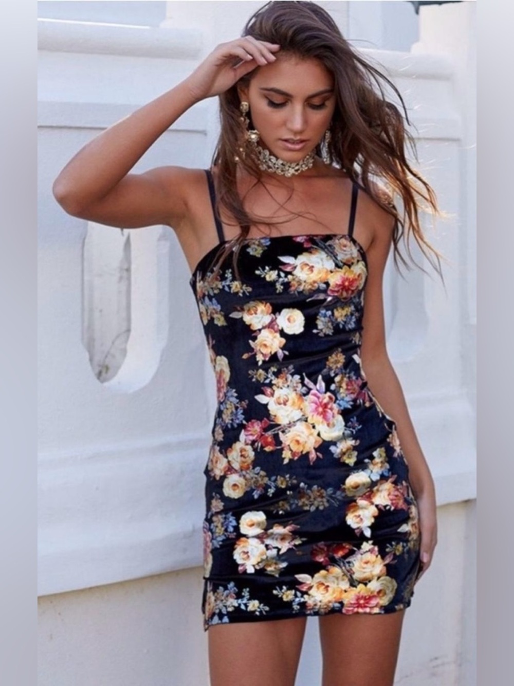 VTG Rue 21 Crushed Black Velvet Shimmer Metallic Floral Print Mini Dress, M/L